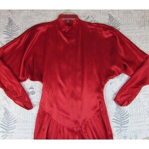 VNTG Norma Kamali 80s RED Satin Long Slv Midi Dress Valentine  made usa 10
